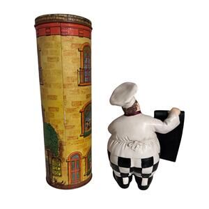 Vintage Italian Kitchen Décor Duo, DiFiori’s Spaghetti House Tin & Chef Figurine
